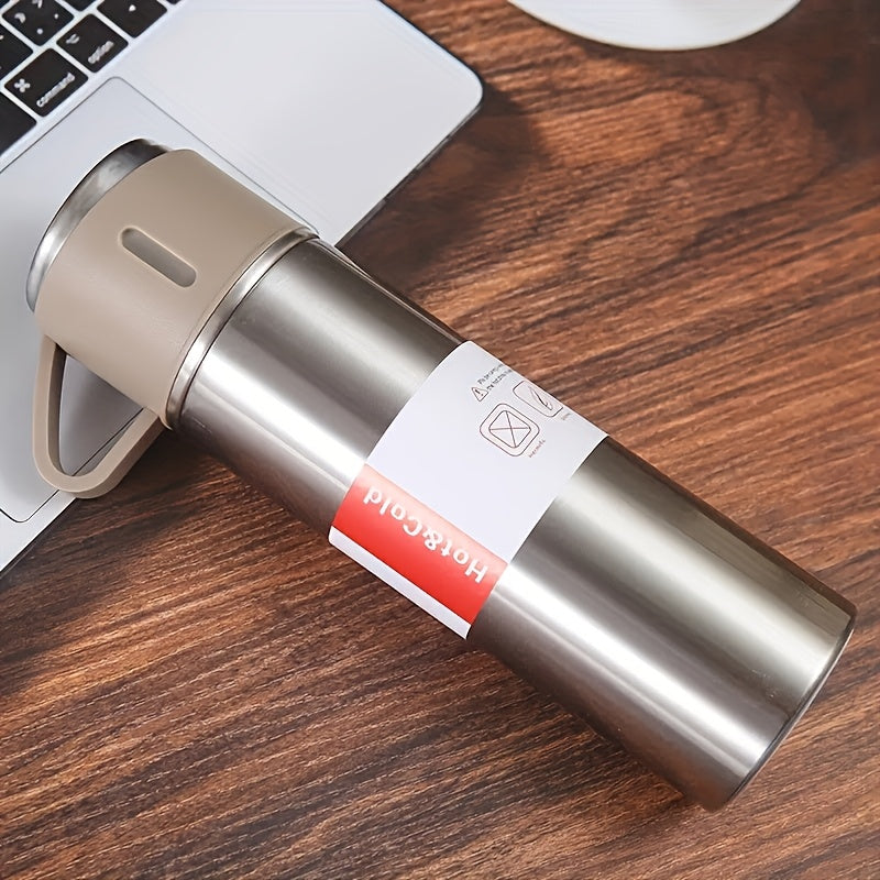 Stainless steel vacuum flask, leakproof, BPA-free, hand wash only - ideal for camping and hiking.