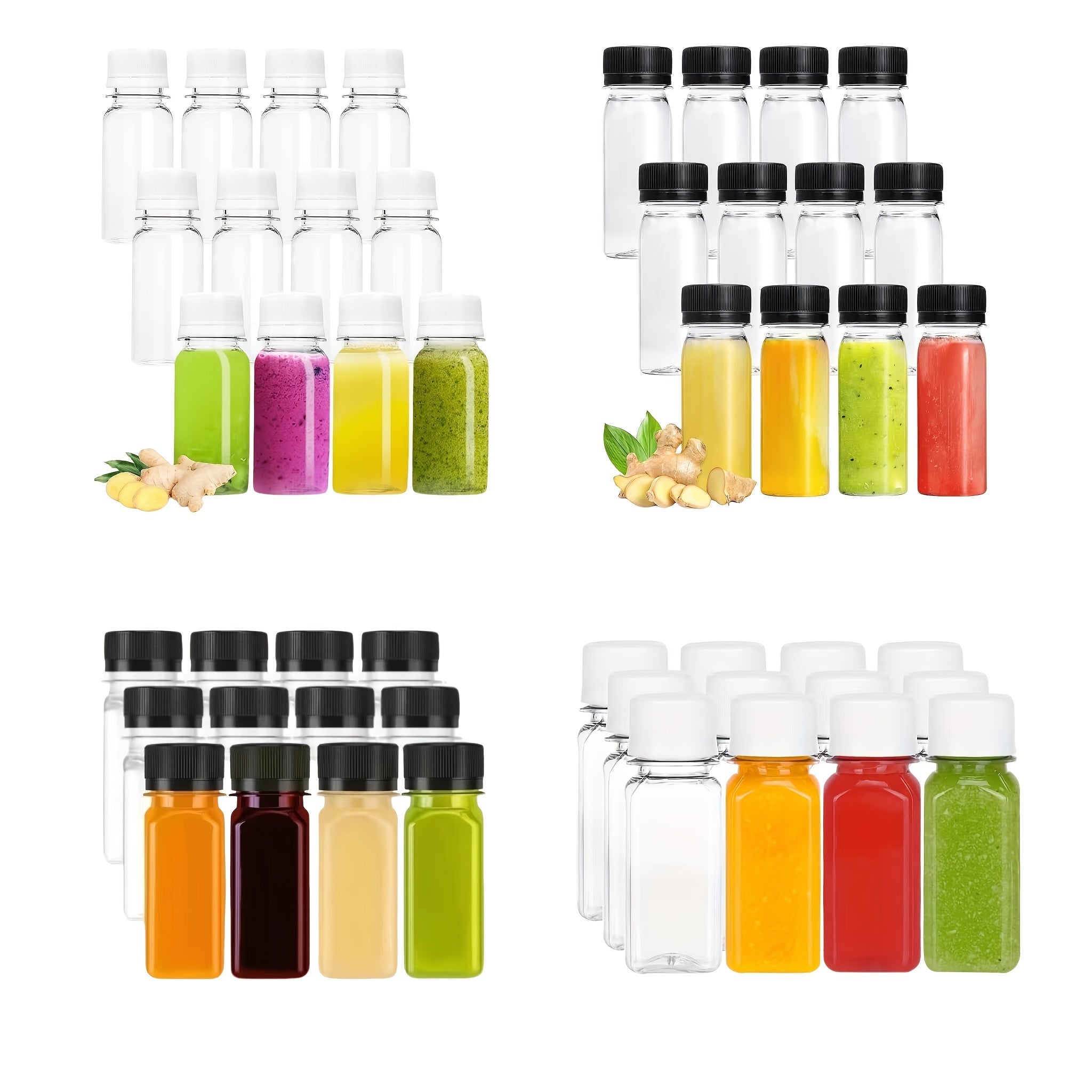 Leakproof 2oz mini shot bottles with screw caps made from food-grade plastic. Ideal for juice and wellness shots. Freezer safe and BPA-free.