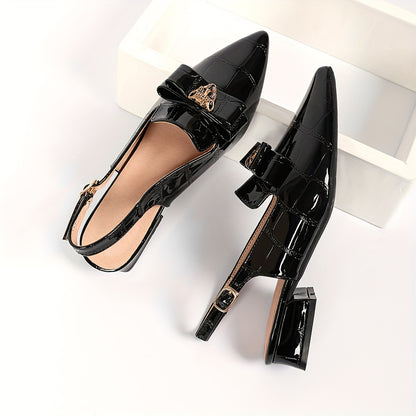 Women's Elegant Slingback Heels with Pointed Toe Chunky Heel and Faux Leather