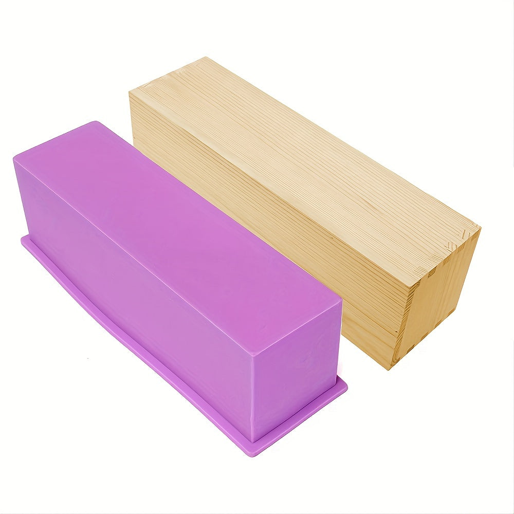 One piece of a 42oz rectangle silicone soap mold with a wooden box, perfect for handmade soap making and DIY soap cake making.