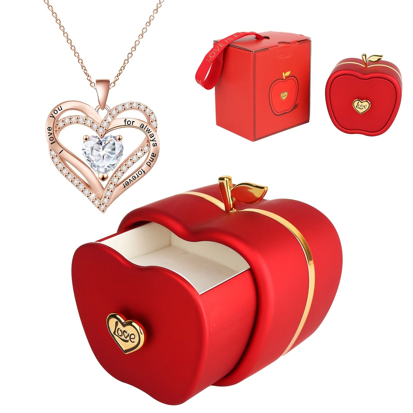 Stunning Double Heart Pendant Necklace in an Exquisite Red Apple Gift Box, Crafted with Silver Plated Copper and Synthetic Zirconia, a Versatile Piece of Jewelry Perfect for Any Occasion. Great for Gifting during Christmas, Valentine's Day, Mother's Day