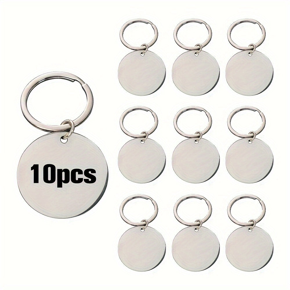 This listing is for a pack of 10 laser-engraved keychains made from double-sided glossy stainless steel in various shapes including round and heart. These keychains are designed to hang securely with a dog's name and other information engraved on the