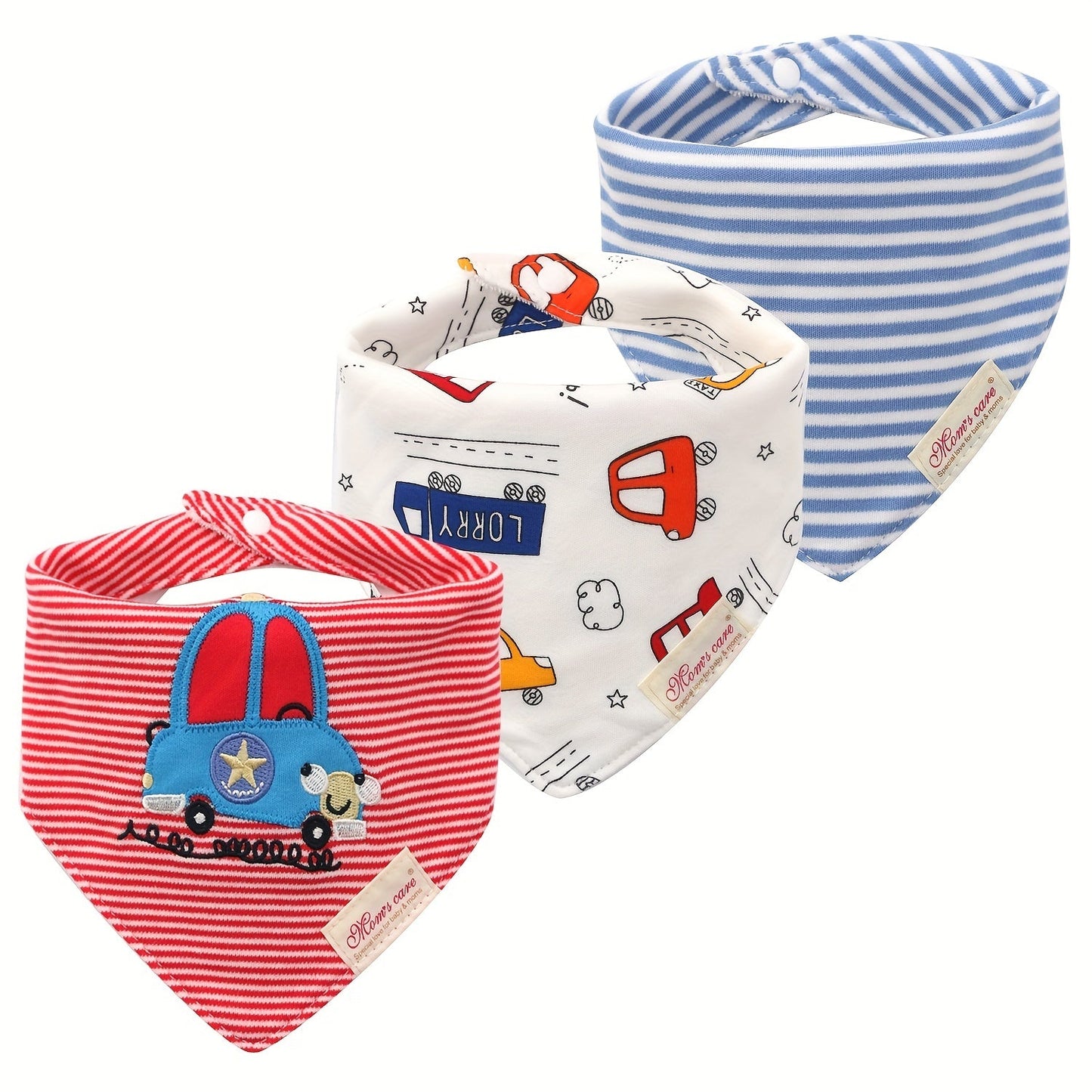 Baby Saliva Towel Set with 3 Pieces, includes Toddler Feeding Bib and Triangle Saliva Towel. Features Double Snap Adjustment Neck Bib for Baby Boys and Girls with Cartoon Embroidery.