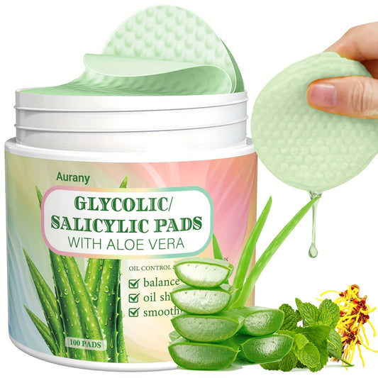 AURANY 100 Pad: Aloe Vera Glycolic/Salycilik Kislota, Uniseks Kattalar, Spirtli emas, Namlantiruvchi, Eksfoliatsiya qiluvchi, Pora kichraytiruvchi, Chuqur tozalovchi, Barcha teri turlari, Aloe Vera hidli, Qo'shimcha yo'q.