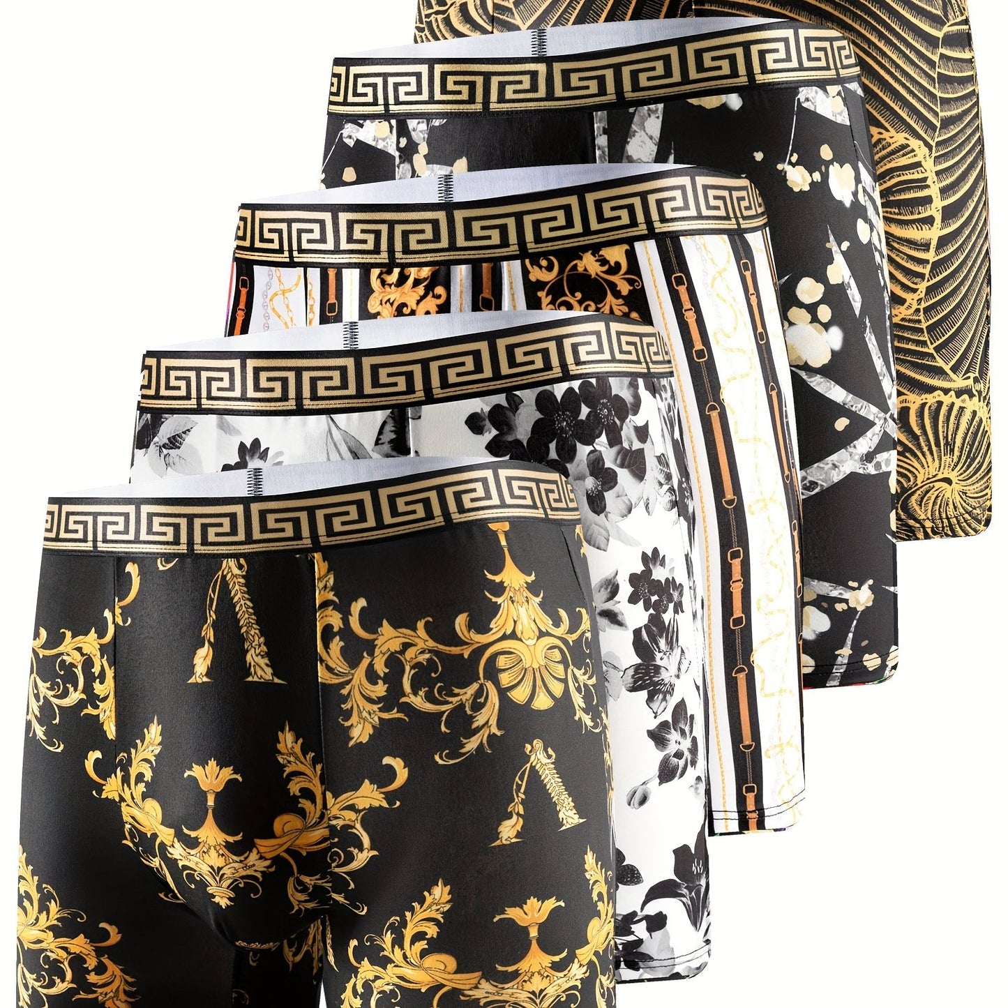 5pcs Men's Geometric Pattern Boxer Briefs - Stylish, Breathable, Stretch Polyester Underwear with Golden & Black Designs | Bold Fashion Statement | Elastane Fabric