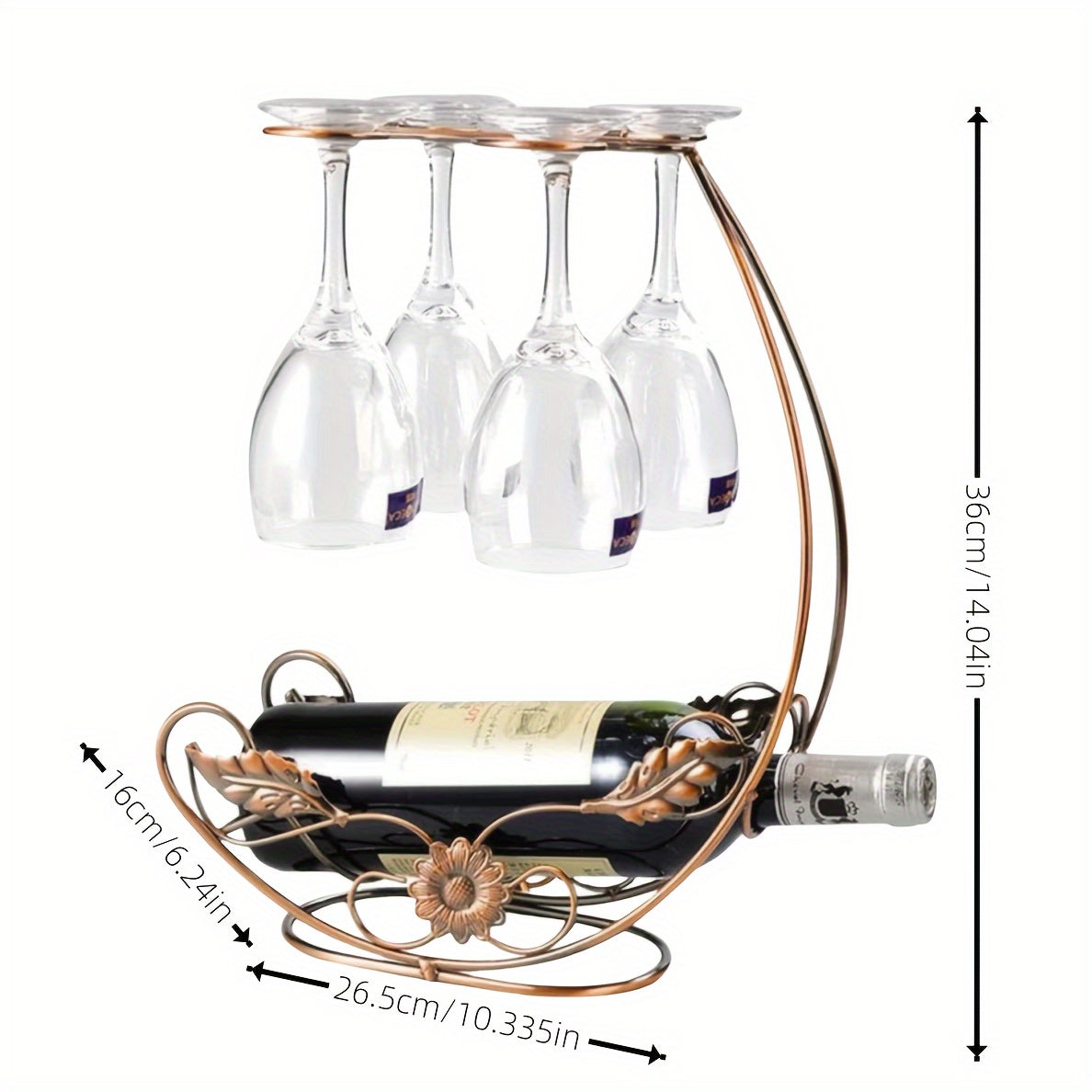 Modern Iron Wine Glass Rack - Vertical Metal Stand for Bottles, Goblets, and Glasses, Elegant Tabletop Display, Holds 1 Bottle & 4 Glasses, No Tools Needed