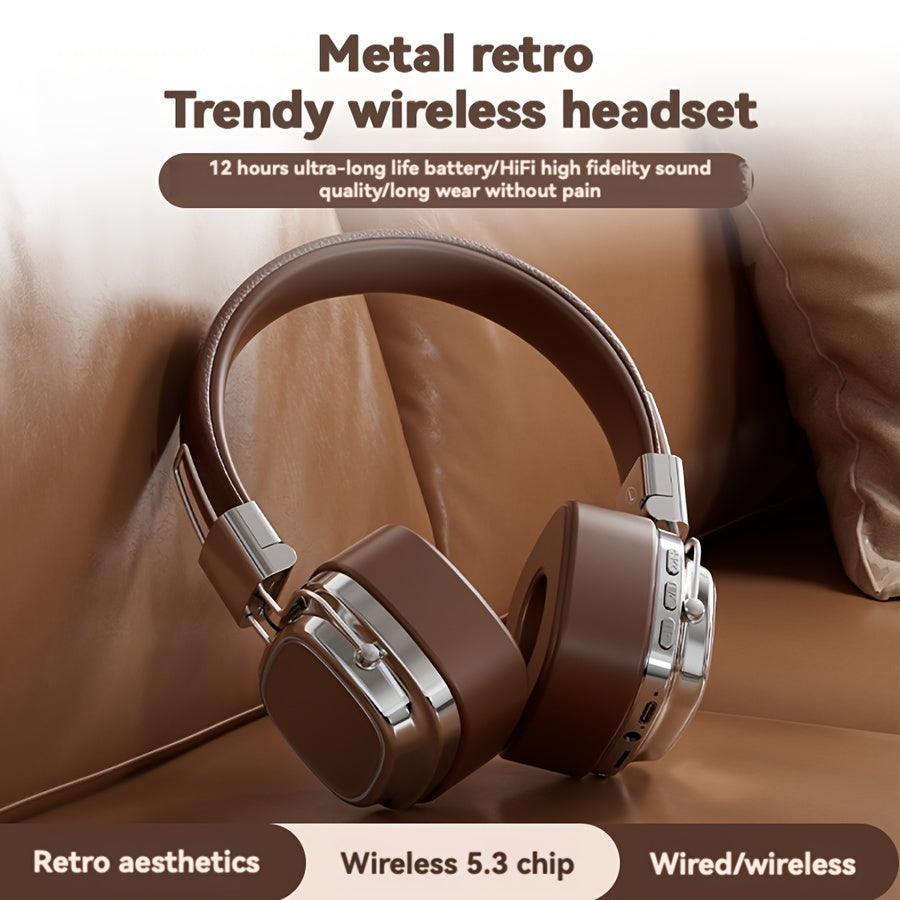 Vintage-inspired over-ear wireless headset with wireless 5.3 chip, perfect for gamers and music enthusiasts.