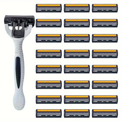 Men's manual razor with stainless steel blades, non-slip handle, and replacement heads. Ideal for beard and mustache grooming.