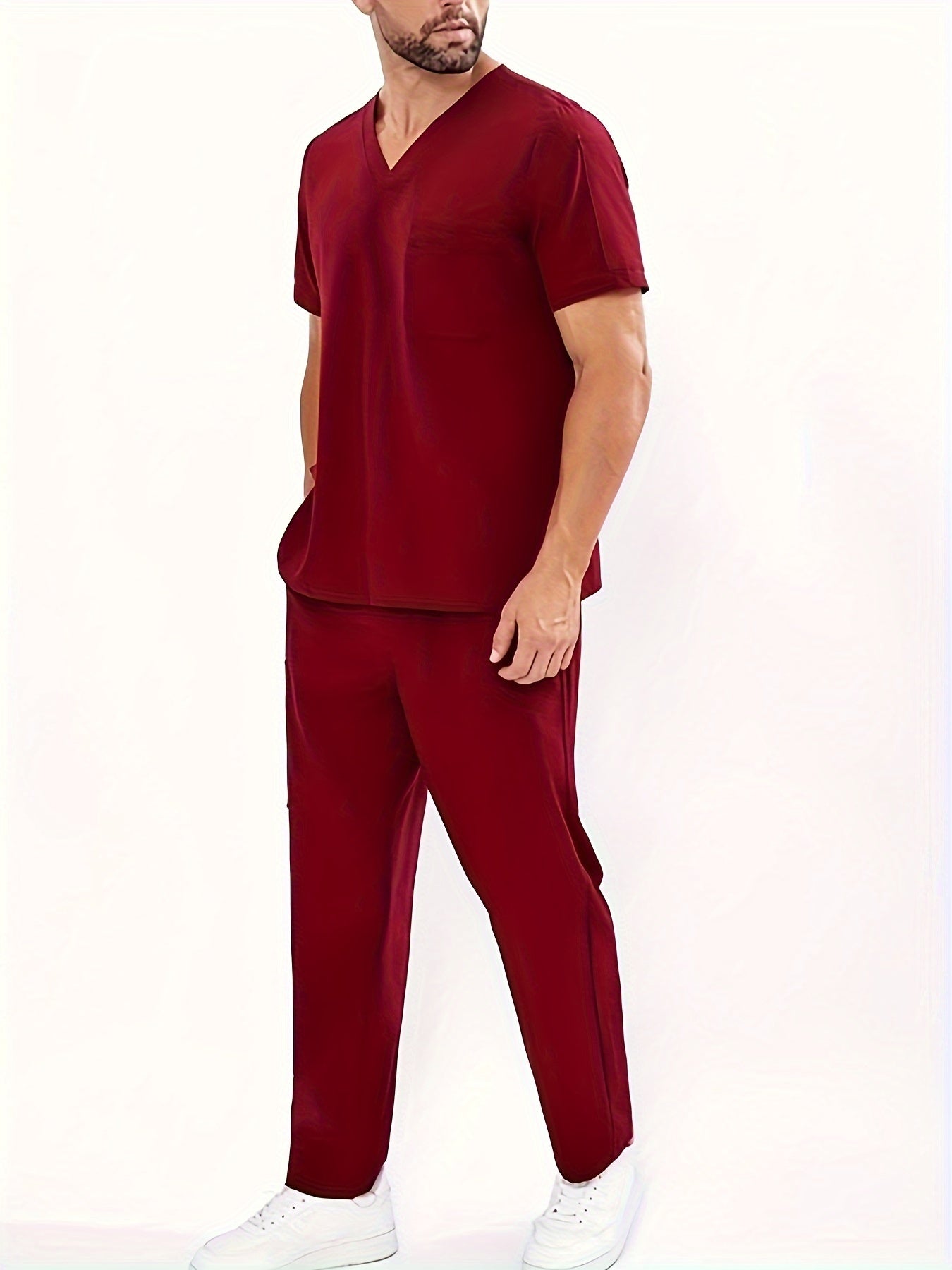 Summer V-neck workwear set for men with 4 pockets.