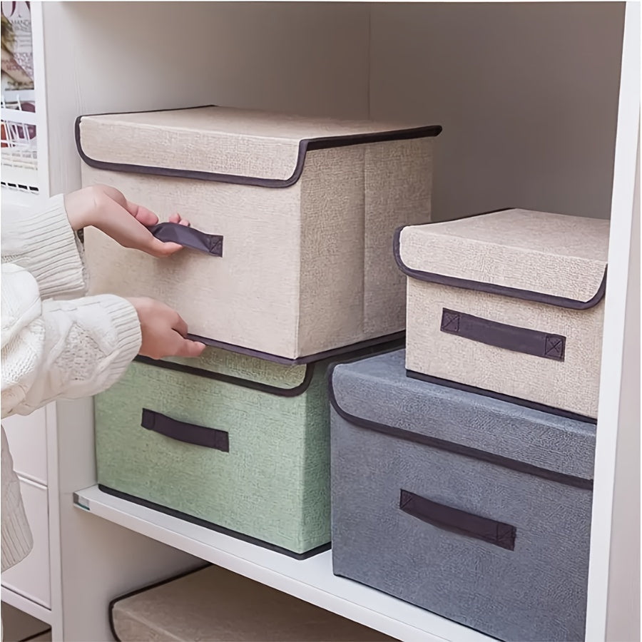 Foldable desktop storage box made from textile non-woven material, ideal for sorting clothes and household items. This two-piece storage box is perfect for keeping your items dust-proof and organized.