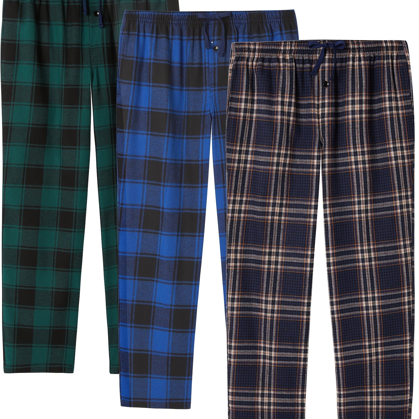 3 Large Men's Flannel Plaid Sleep Pants with Pockets, Flap, Drawstring, PLUS SIZE