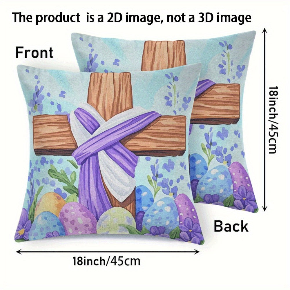 Pillow Cover Set featuring Modern Floral Easter Egg & Cross Design, Pack of 2, 45.72x45.72 cm, Easy to Wash in Machine, Comes with Zipper Closure, Year-round Comfort, Perfect for Sofa and Bedroom Decor, Insert Not Included