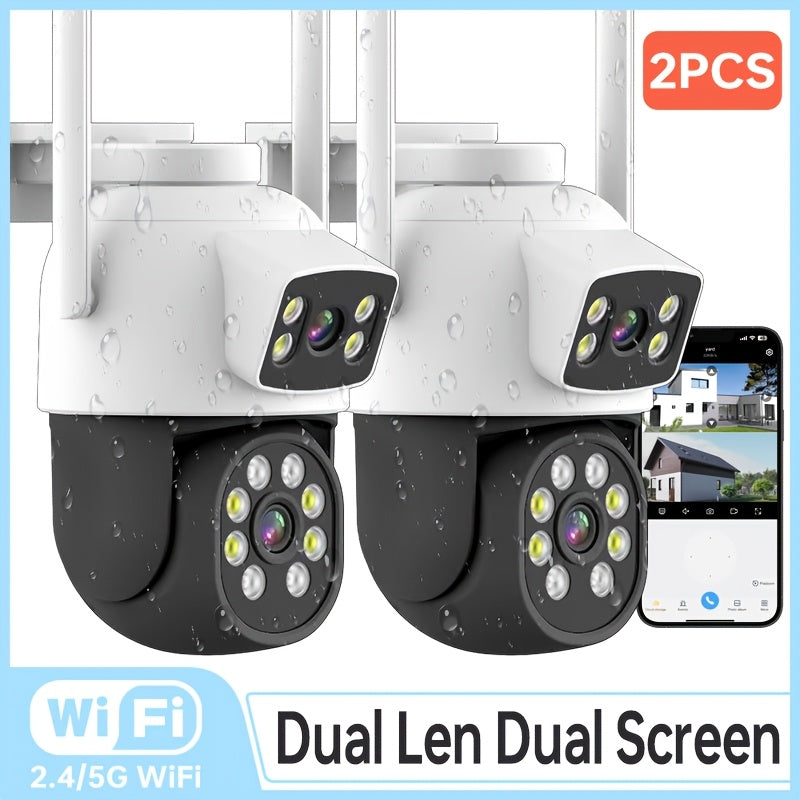 Get a pair of ZHXINSD 4MP Dual Lens Wireless Security Cameras with a 360° Pan/Tilt function, 2.4G/5G WiFi capability, designed for outdoor surveillance. Enjoy features like Auto Tracking, Color Night Vision, Two-Way Audio, and IP65 Waterproofing. Power