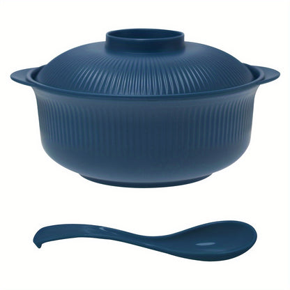 Large capacity plastic rice bowls set with lids and spoons, perfect for soup and noodles. Ideal for students, lunch, home, and restaurant use. 2-piece set, dishwasher safe.