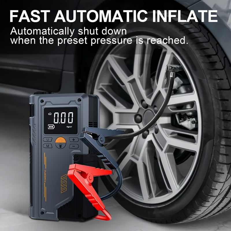 Introducing a versatile portable emergency starter with tire inflator, USB charging, and LED light, perfect for cars, motorcycles, bicycles, and more.