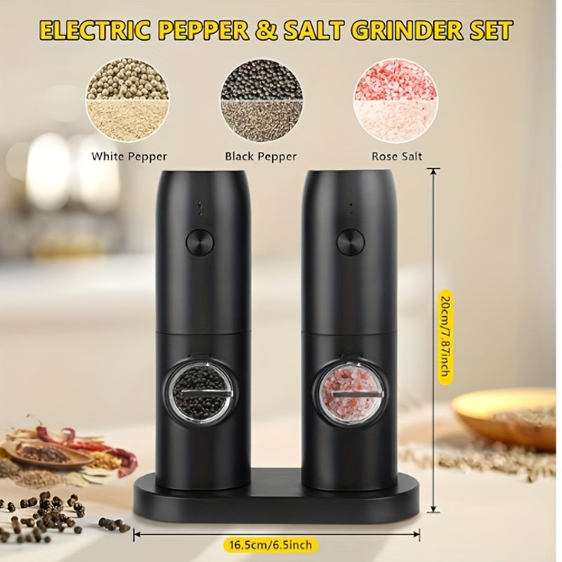 Portable Two-Pack with Charging Base containing LED Light Electric Tool for grinding Sea Salt, Black Pepper, and Seasoning Salt with automatic adjustable grinding feature.