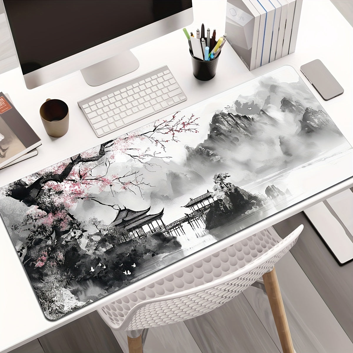 Cherry Blossom Watercolor Gaming Mouse Pad - XL size with Non-Slip Base, Polyester, Rectangular, Ideal for Office and Home Use, 80.01 x 29.97 cm