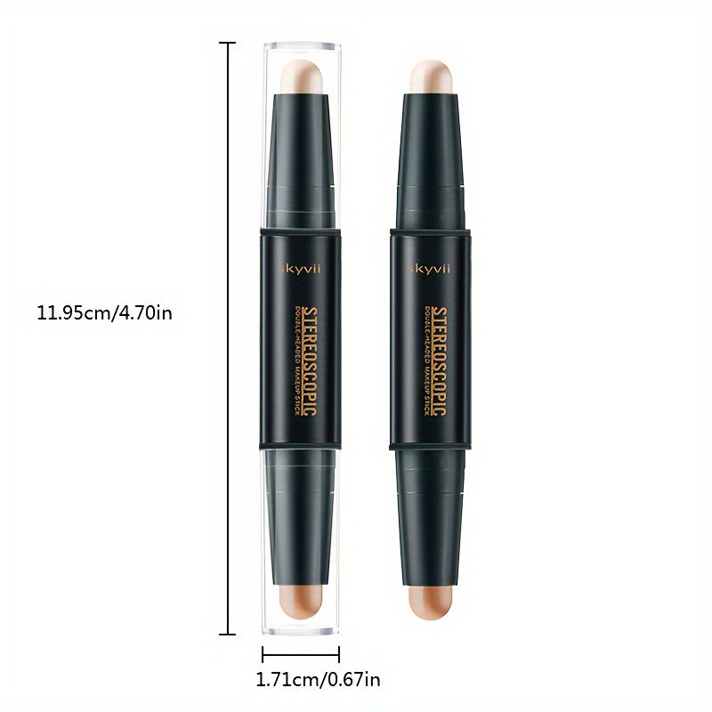 Dual-headed contouring stick for highlighting and shading to create a three-dimensional V-shaped nose shadow and high nose effect.