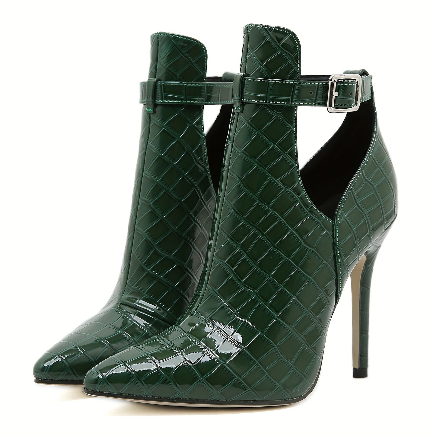 Women's green crocodile pattern ankle boots with stiletto heel, belt buckle detail, pointed toe, synthetic material, non-washable, all-season, rubber sole, and fabric insole.