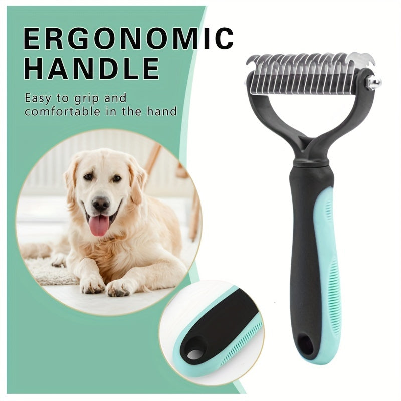 Dual-sided dog grooming brush removes knots and undercoat easily.