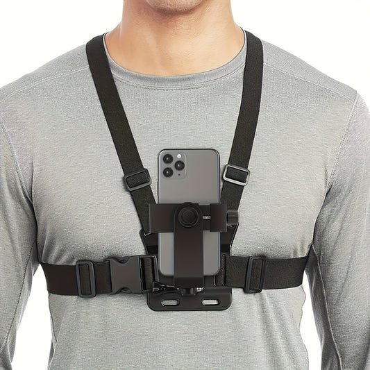 Durable polyamide chest strap with 360° rotatable phone holder for running, cycling, and video recording.