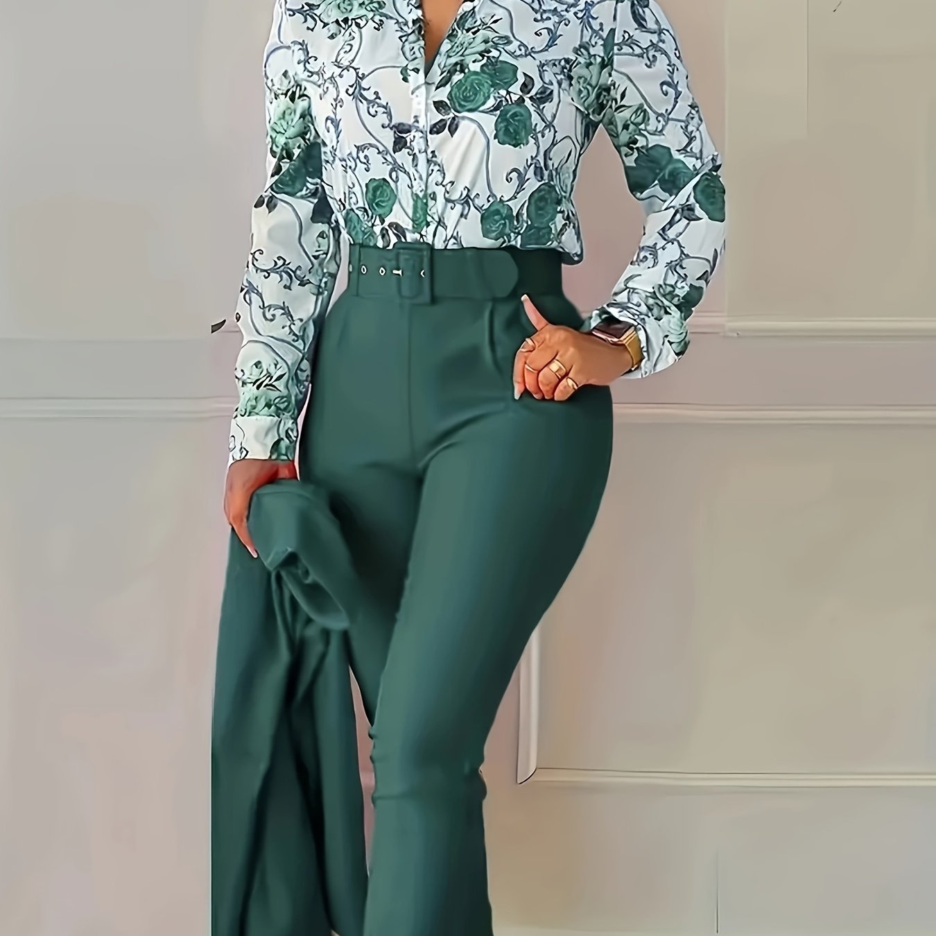 Floral V Neck Blouse & Belted Pants Set, Women's Outfit