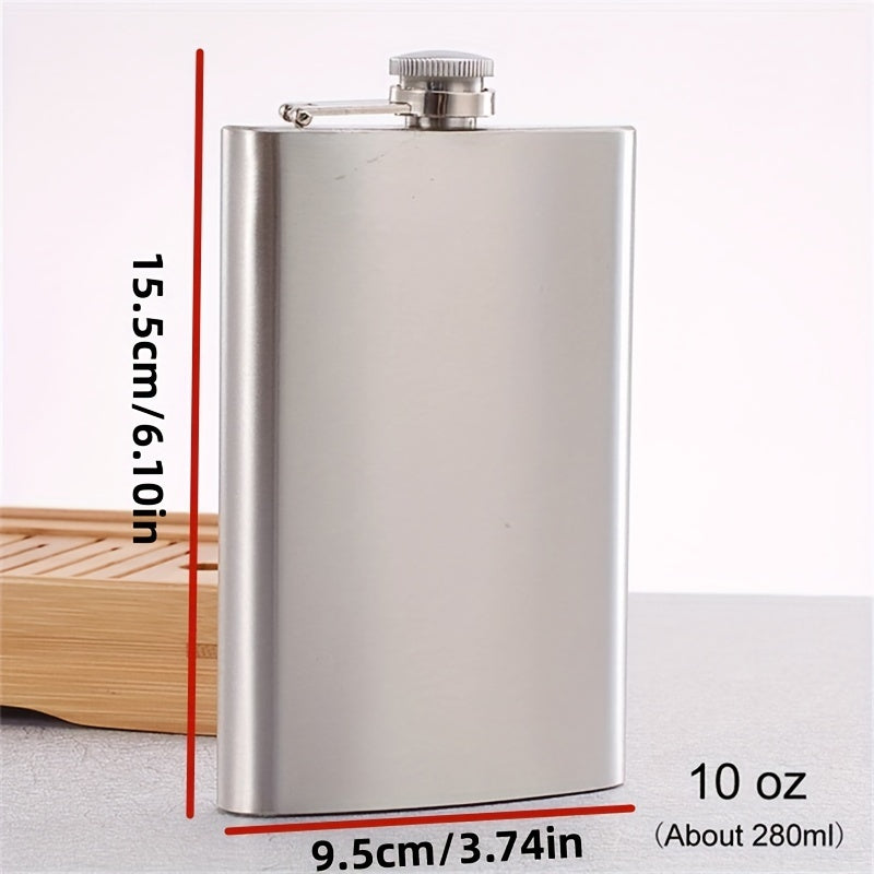 Portable stainless steel hip flask for alcohol, with screw cap and pocket-sized design for outdoor use.