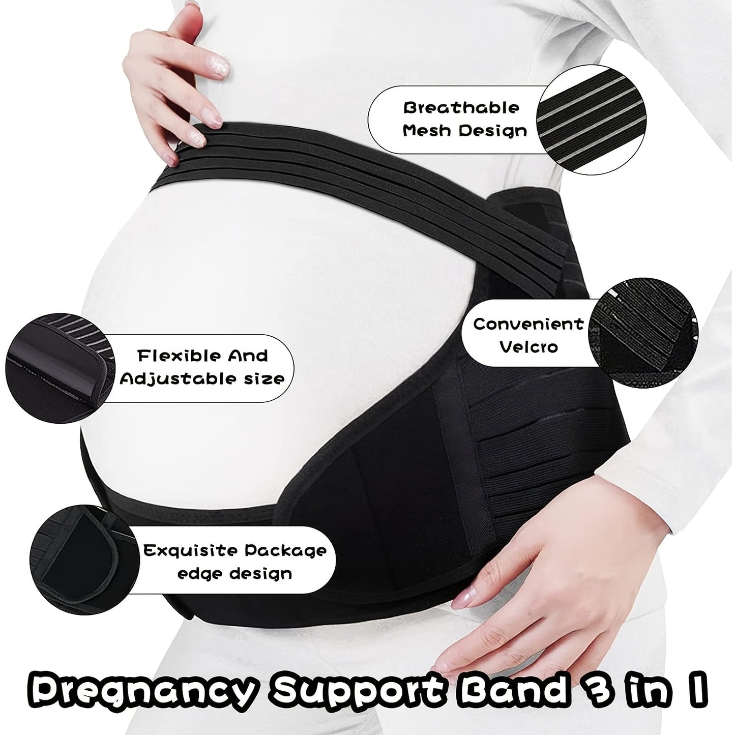 A versatile maternity belly band made of soft polyester, providing support during pregnancy for back pain relief, hip and pelvic support. It is portable, lightweight, and an ideal Christmas and holiday gift for expectant mothers 14 and older.