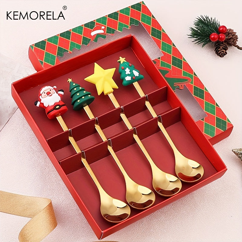 KEMORELA 4/6pcs Stainless Steel Mini Fork and Spoon Set with Q Version Cartoon Design for Christmas and Halloween festivities. Perfect holiday gift.