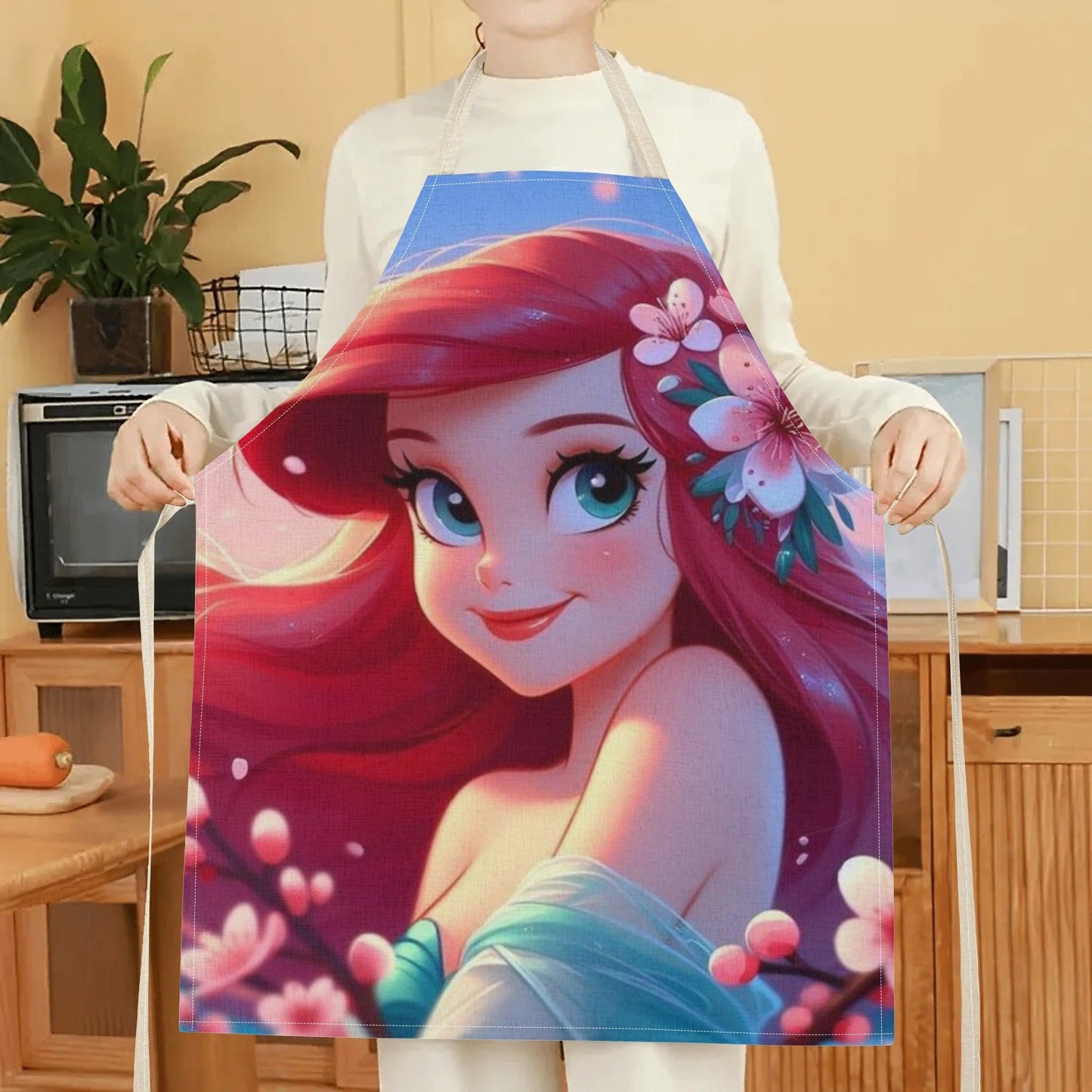 Elegantly stylish 1pc Disney Elsa Princess Cartoon Printed Apron, made with waterproof polyester woven fabric featuring a floral pattern. Perfect for use in the home, hotel, supermarket, restaurant, fruit shop, and milk tea stand.