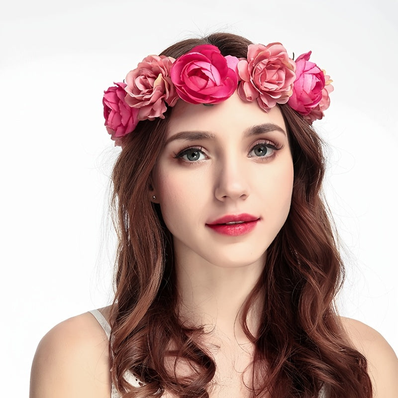 Rose Hairpin Holiday Wreath Hair Band with Simulation Flowers, Headpiece Flower Crown Headband, Floral Wedding Bridal Hair Hoop