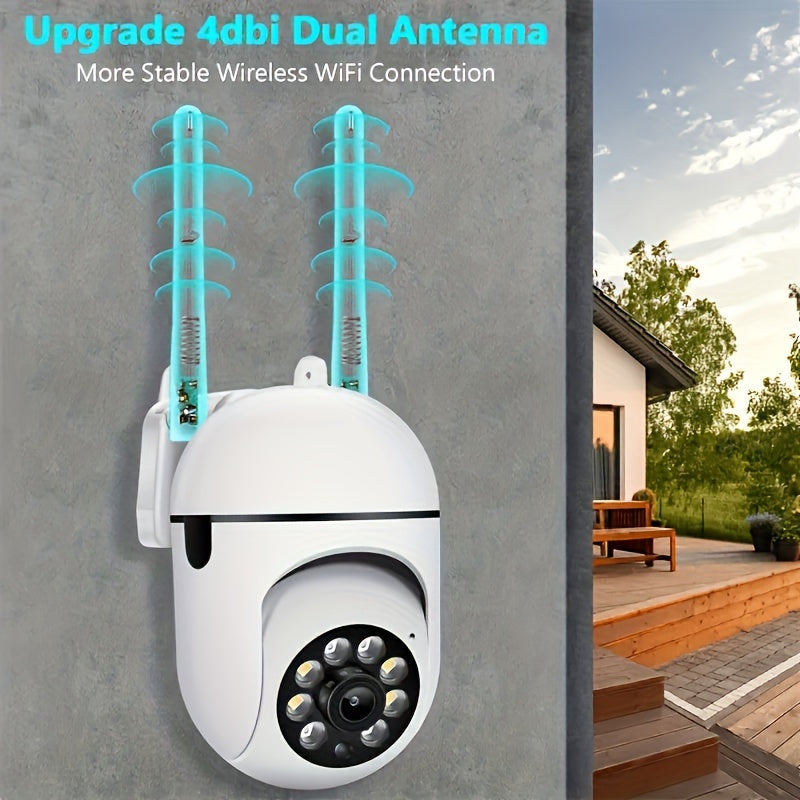 High-definition 2MP 1080P camera with 5G wifi, wireless connectivity, IP monitoring capabilities, PTZ functionality, automatic tracking, alarm notification, and color night vision. Features include floodlight AI sports detection, horizontal rotation of