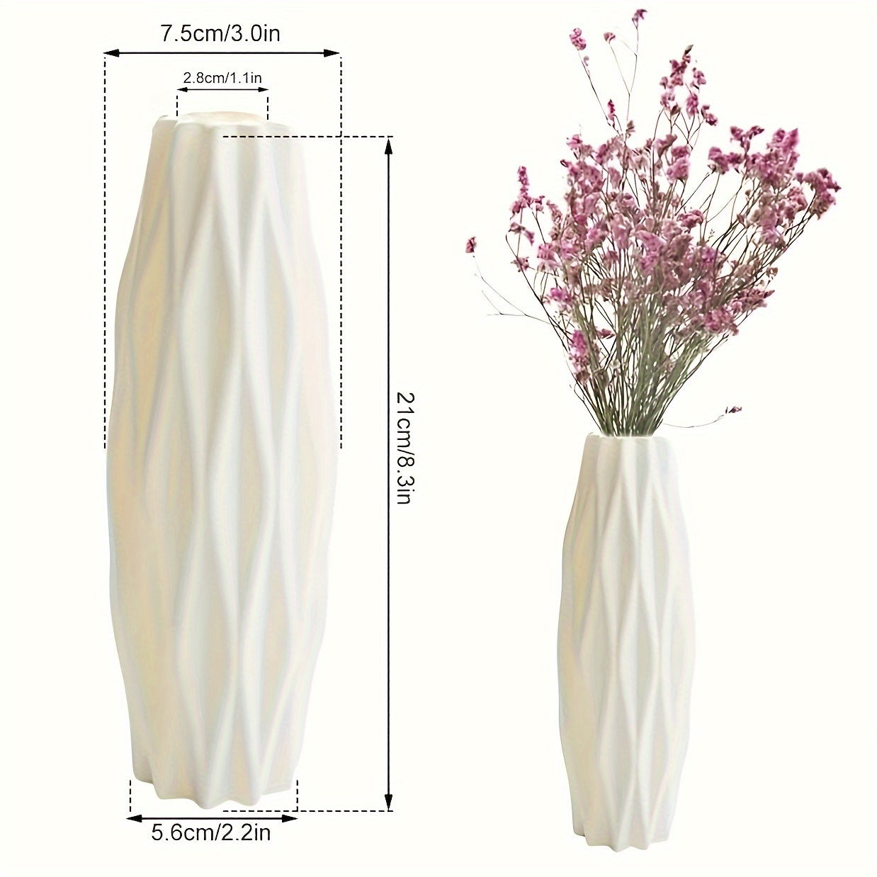 Unbreakable white plastic vase with ceramic appearance for indoor living room decoration.