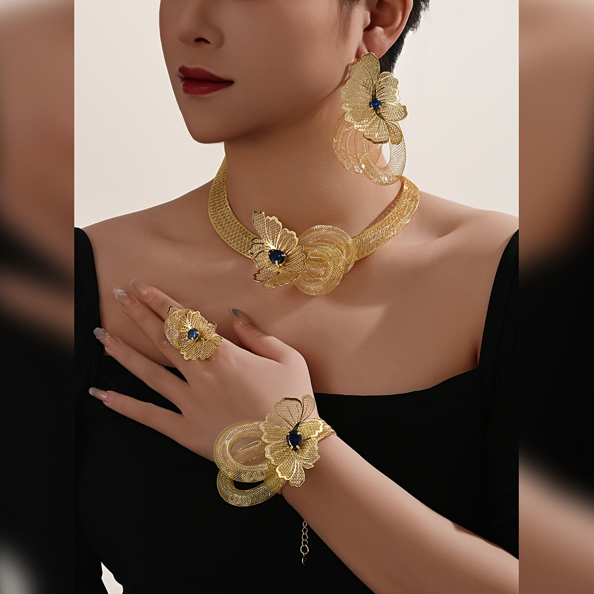 MEIZ Elegant Arabian Style Jewelry Set featuring 5 pieces, crafted with 18K Golden Plated Copper and adorned with Exaggerated Gemstone Design. Perfect for daily wear or as a thoughtful gift, this set is the ideal accessory for Mardi Gras Day celebrations.