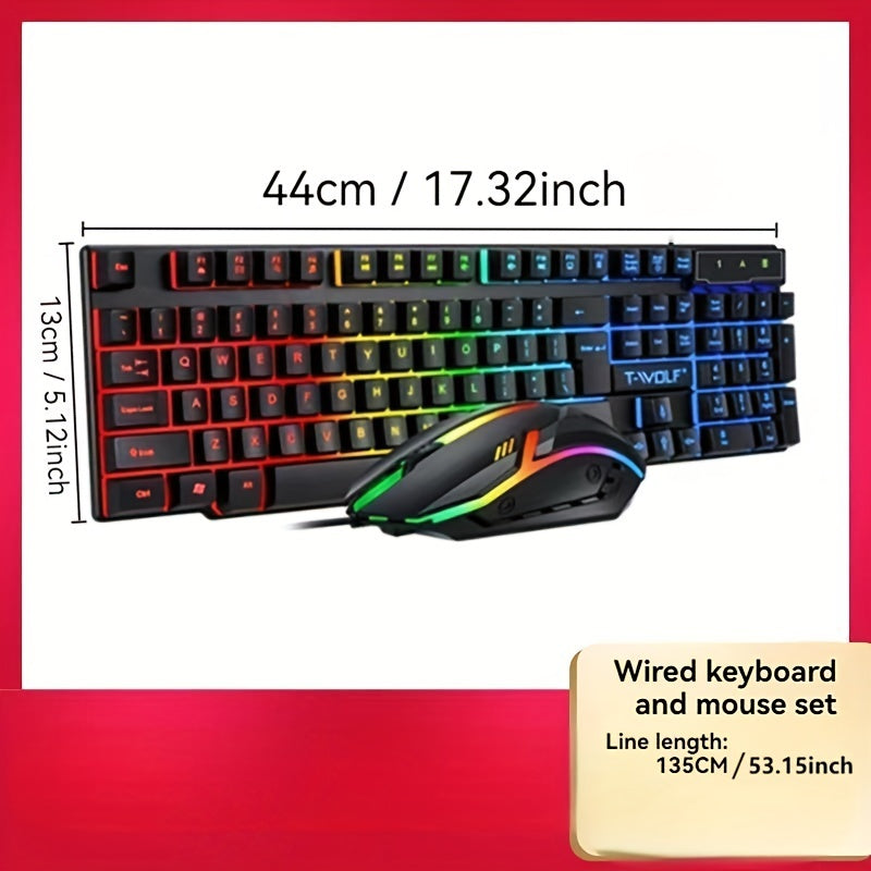 New TF200 gaming keyboard and mouse set with ergonomic design, optical movement detection, cool light effect, mechanical touch suspended key cap, wired, and quick function keys for personal