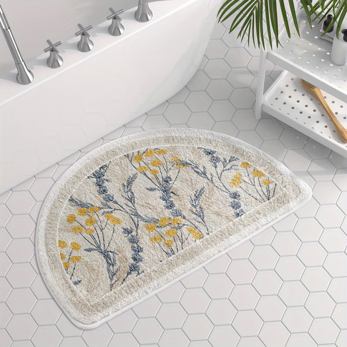 Floral Wreath Decorative Mat, Non-Slip Rug for Bathroom, Home Entryway, or Kitchen. Durable Washable Bath Mat for Bedroom or Living Room. Made of Machine-Made Polyester. Handwash Only. Half-Circle Shape with Anti-Slip Features. Lightweight and Covers