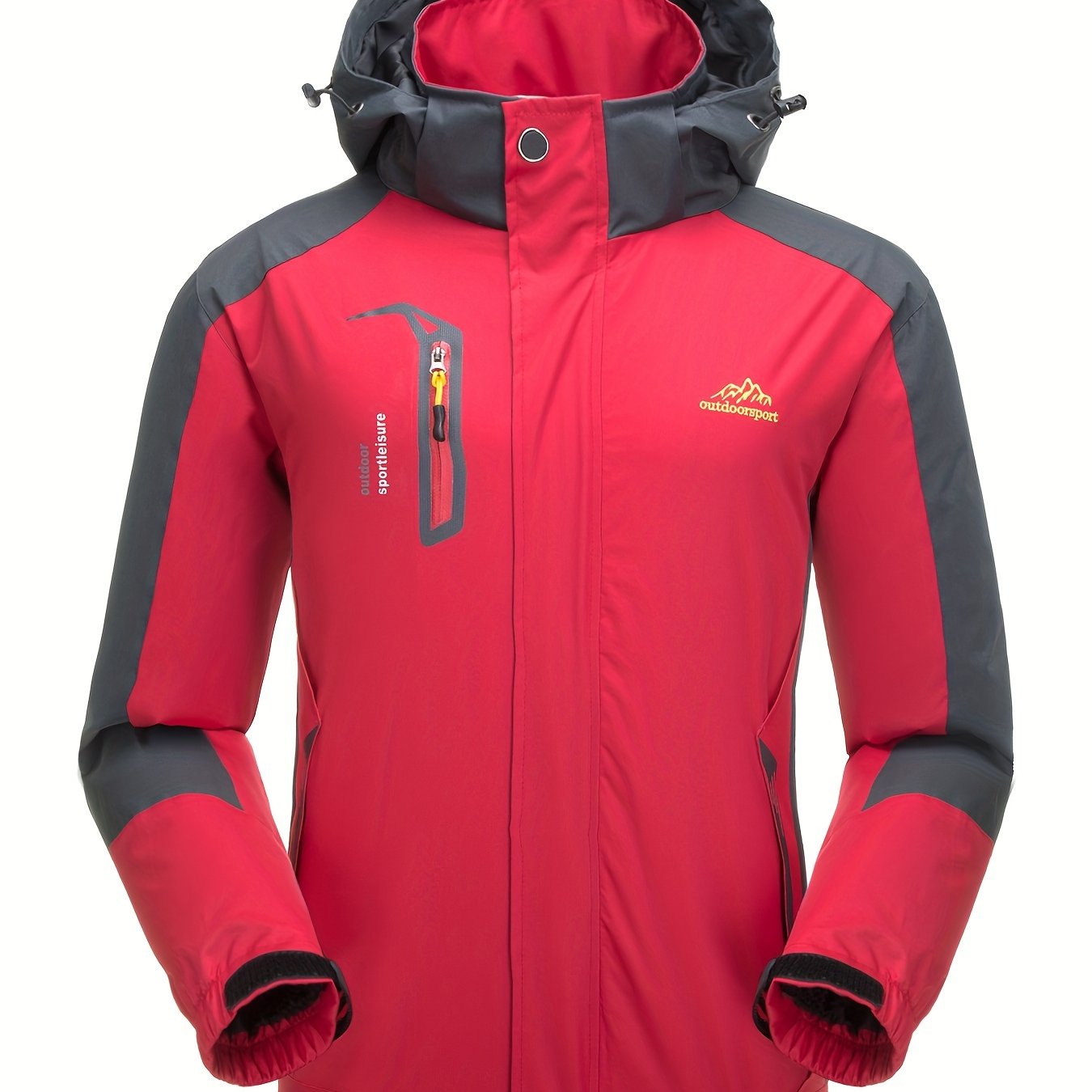 Windproof hooded softshell jacket for men, ideal for hiking and camping with multiple pockets.