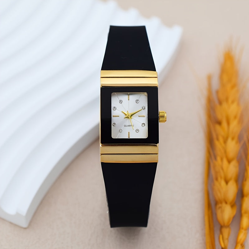 Square black and gold silicone band watch for women