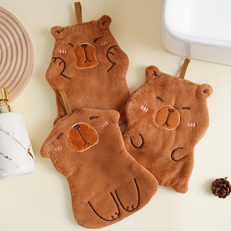 Cartoon Capybara Hand Towels: Soft, Quick-Drying Coral Fleece for Kitchen and Bathroom, Hangable.