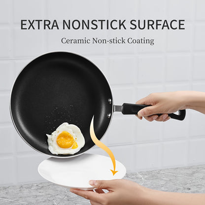 Set of 3 nonstick frying pans, featuring golden ceramic induction cookware. Includes 20.32cm, 24.13cm, and 27.94cm skillet omelette egg frying pans. This kitchen cooking pan set is PFOA and PFAS free.