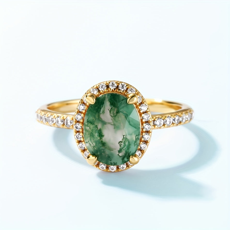 Perfect Christmas Gift For Your Loved One - High Quality, Dainty 925 Sterling Silver Ring with 14k Plated Inlaid Moss Agate, Ideal Party Accessory for Females.