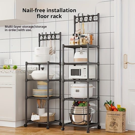 Adjustable 4/5 Tier Metal Storage Rack with Hooks, Ideal for Kitchen, Bedroom, or Laundry Room Use. Independent Stand with Sturdy Metal Construction, Supporting Shelf Type with 4 Shelves.