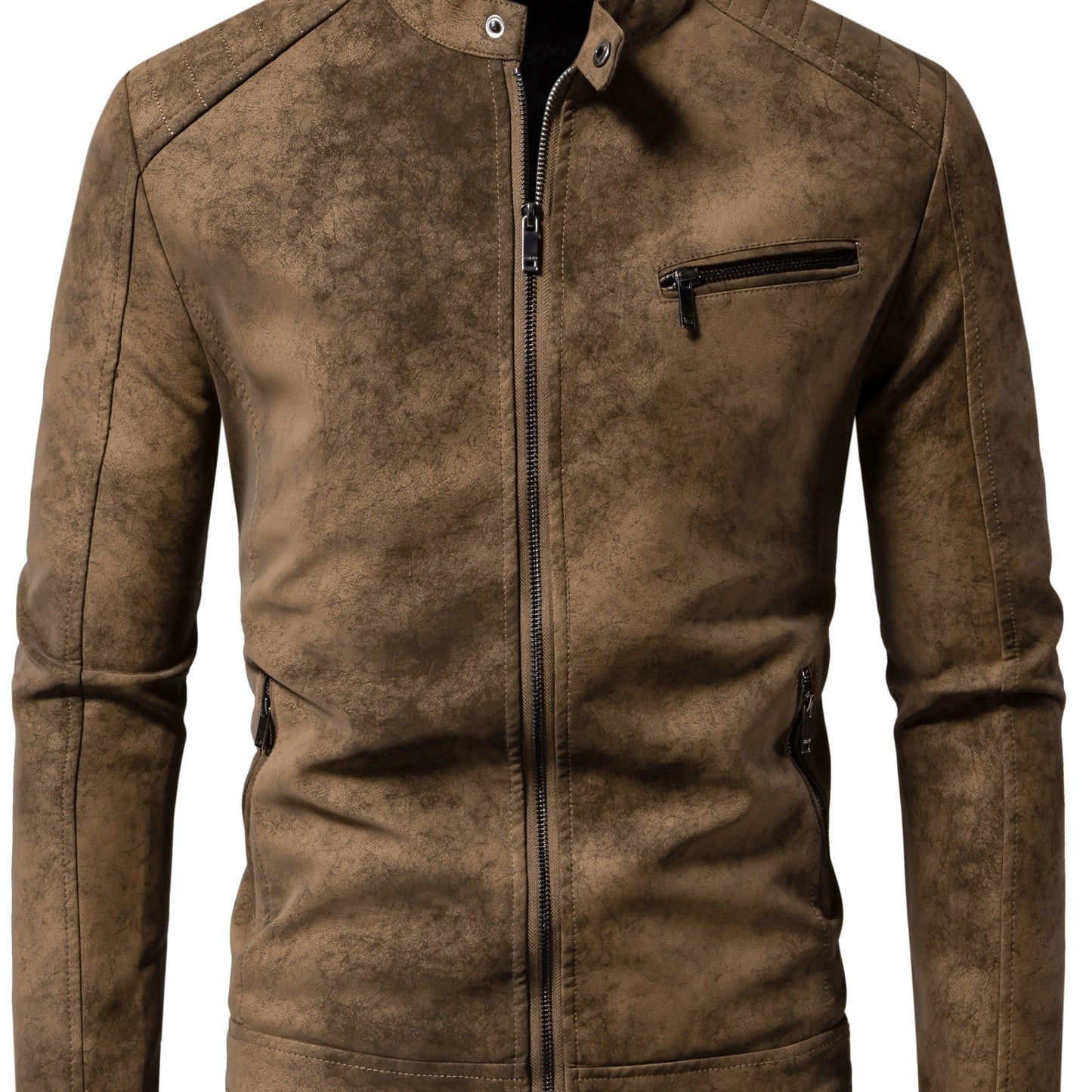 Men's vintage style faux leather jacket with stand collar, zip-up closure, and polyester lining.