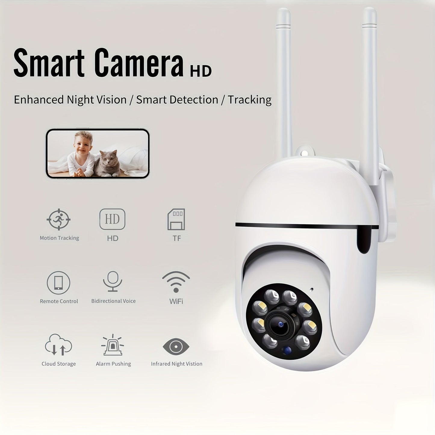 Wireless Security Camera with 1080P HD, 2-Way Audio, Motion Detection, Alarm Notifications, 355° PTZ, 90° Viewing Angle. Ideal for Smart Home Surveillance, works with Smartphones, has Cloud Storage & SD Card compatibility (SD Card not included).