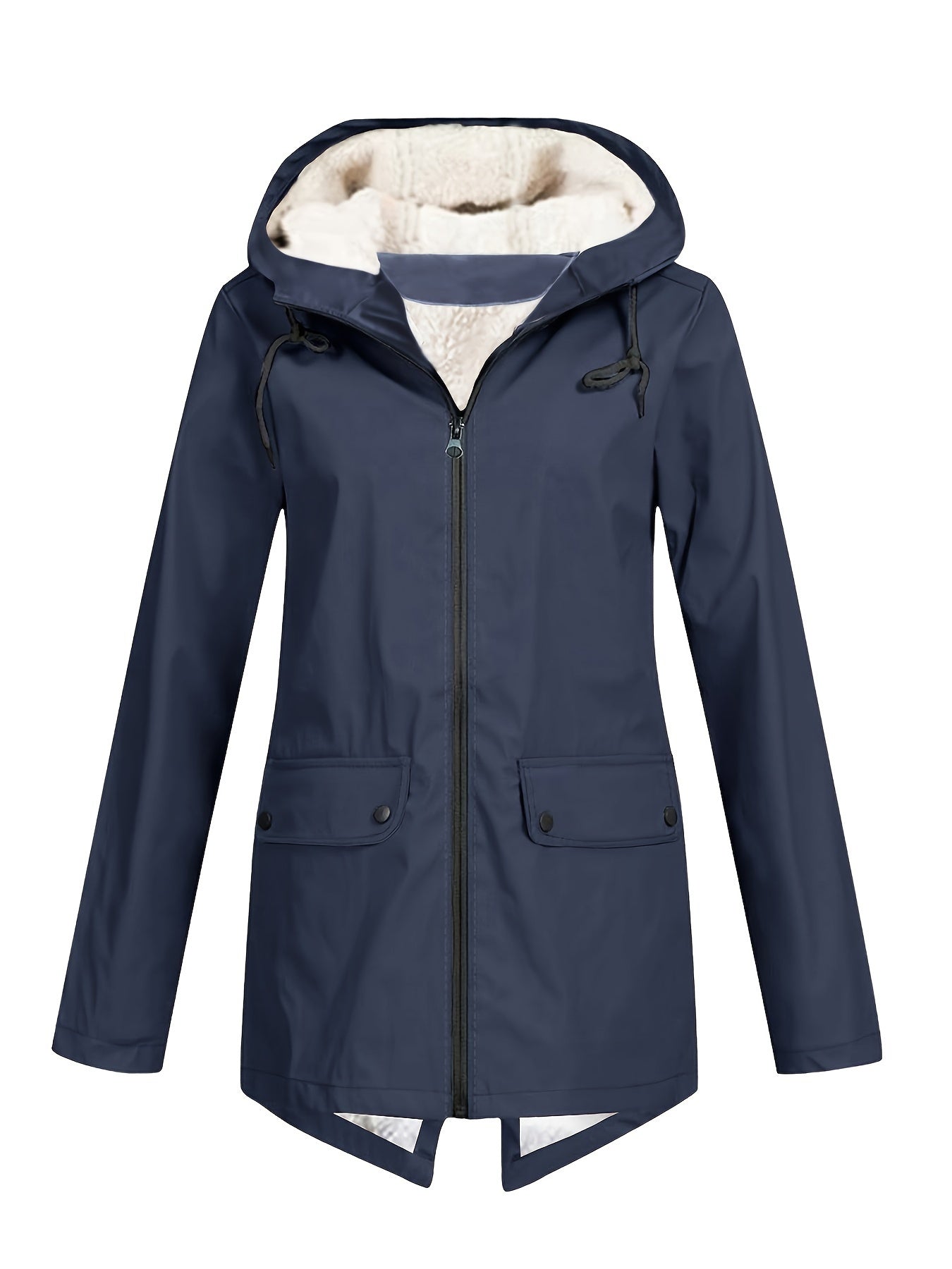 Women's hooded windbreaker jacket made of 100% polyester with button details. This non-stretch woven fabric jacket is perfect for fall/winter, providing insulated warmth for cold weather.