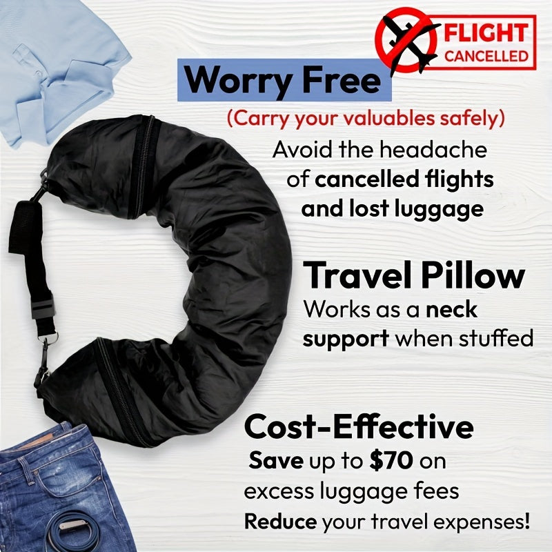 Multi-functional travel pillow featuring built-in clothes storage - Provides cozy and convenient U-shaped neck support for use on airplanes and outdoors, made with waterproof polyester cover that is machine washable