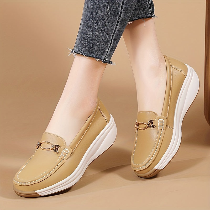 Versatile beige slip-on loafers for women with thick, non-slip soles and decorative buckle detail. Comfortable and lightweight for all-season wear.