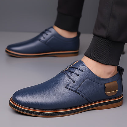 Men's fashion street style dress shoes with solid color microfiber synthetic upper, round toe, rubber sole, lining & insole, low top lace-up for daily & casual wear in spring/fall season.