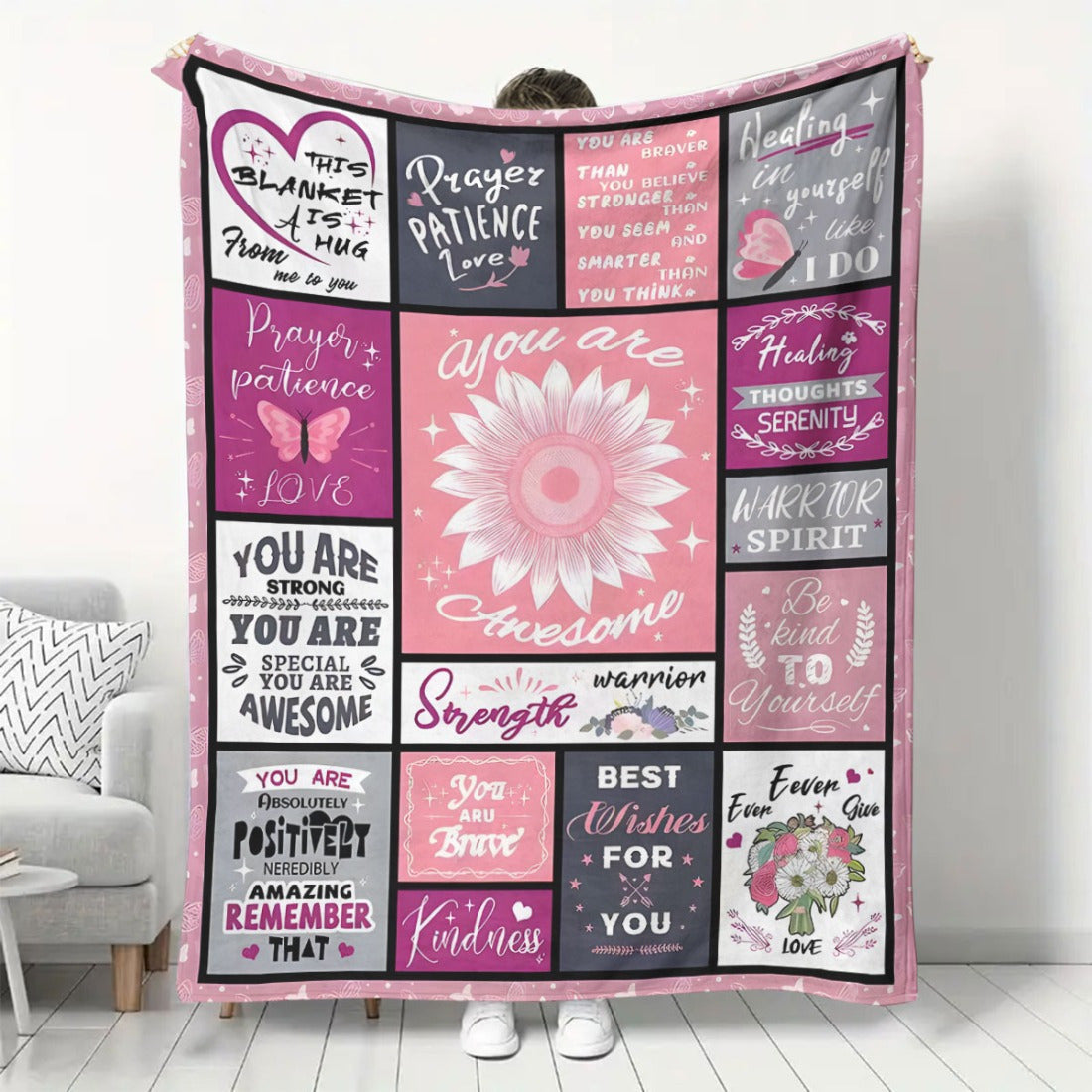 Soft and cozy flannel fleece throw blanket designed specially for women, perfect for post-surgery cancer care. Features an inspirational positive message and a soft comfortable digital print. Made of all-season knitted polyester in a contemporary style