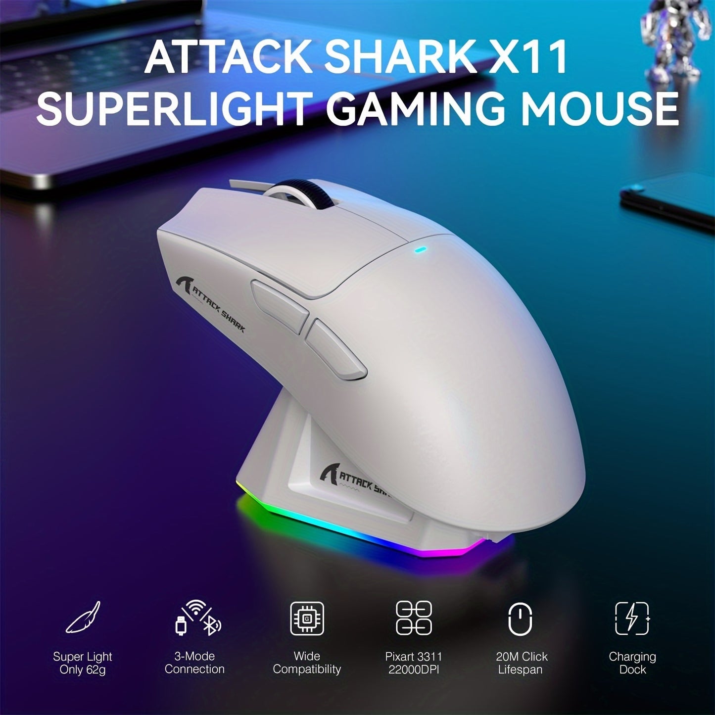 Attack Shark X11 Superlight Gaming Mouse: 59g Wireless with RGB Lighting, 22000 DPI, 5 Programmable Buttons - Ideal for Gamers